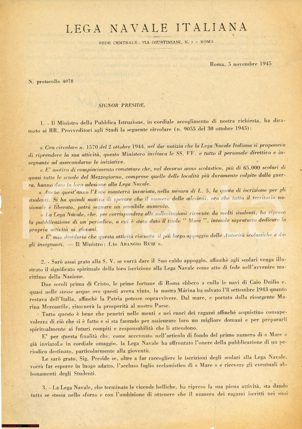 Documento originale, autentico 1945 ROMA Lega Navale Italiana iscrizione studenti 1