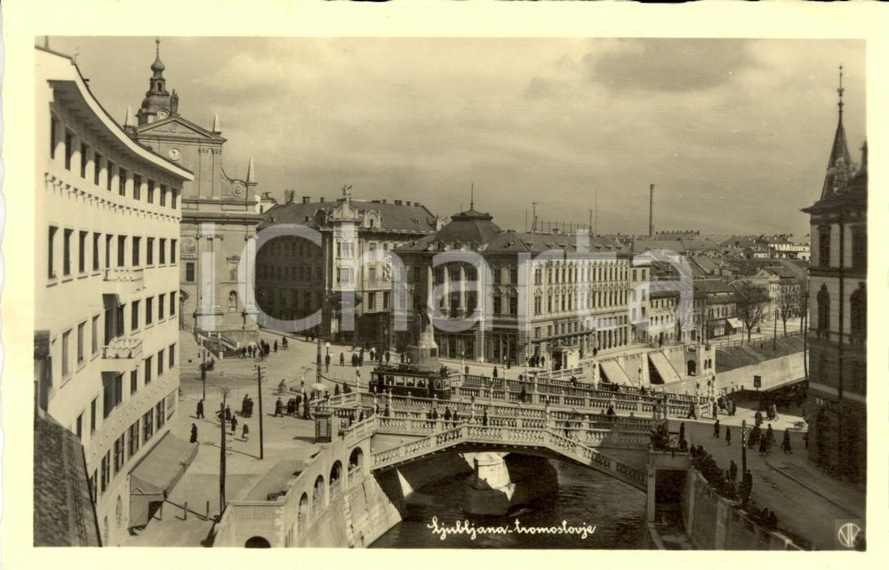 Cartolina originale da collezione 1940 ca LUBIANA SLOVENIA Veduta del Triplo Ponte  Tromostovje  ANIMATA FP VG 1