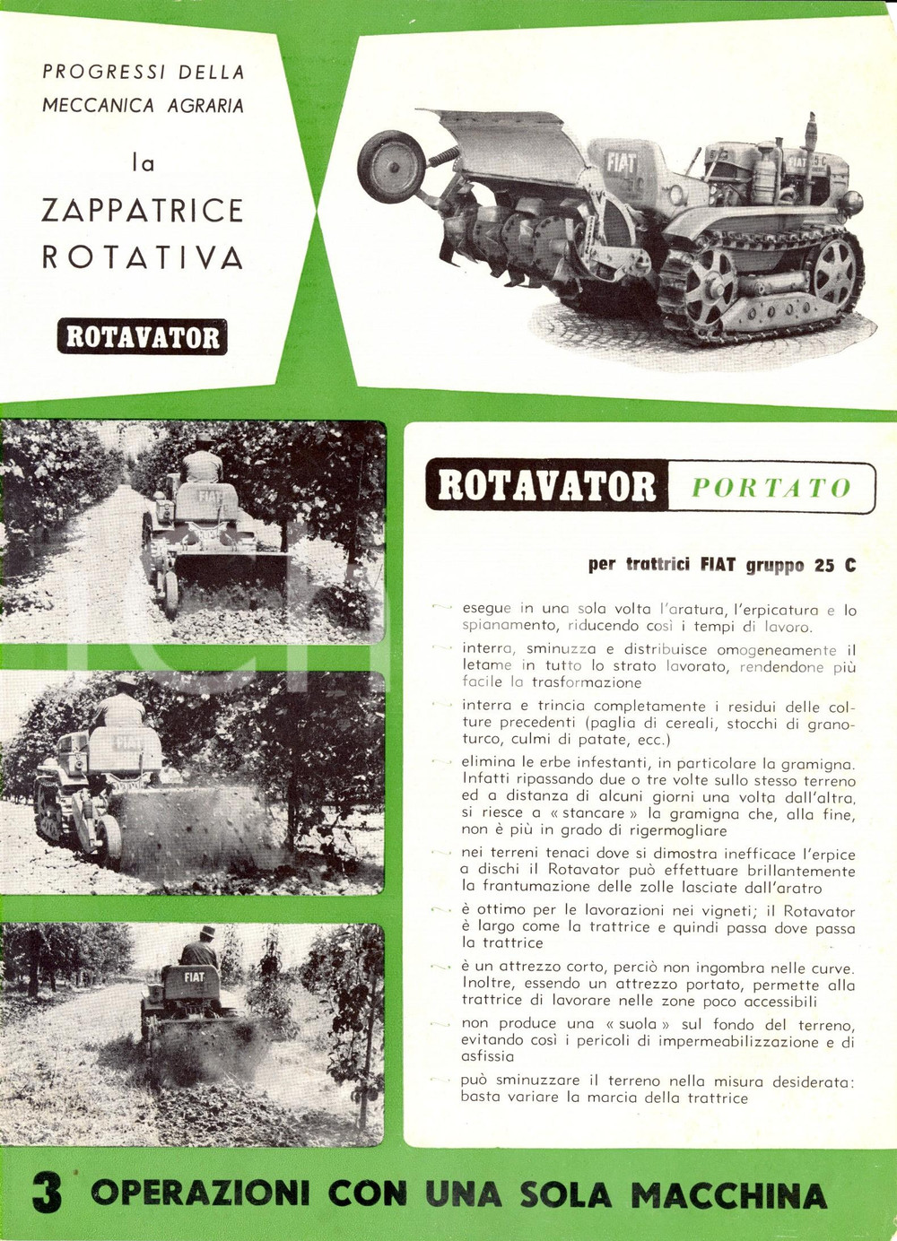 Materiale pubblicitario d’epoca 1955 ca Zappatrice rotativa ROTAVATOR PORTATO per trattrici FIAT 25C Pubblicità 1