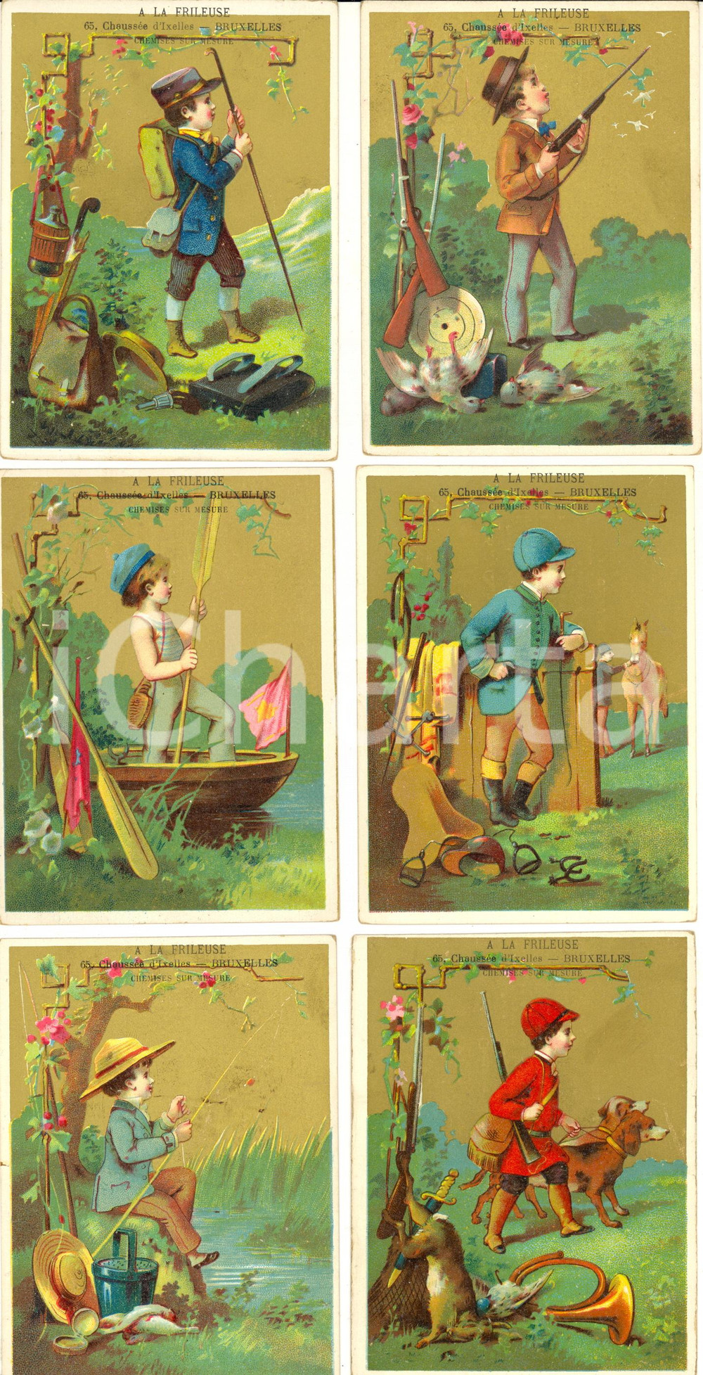 1890 ca BRUXELLES A LA FRILEUSE Chemises - SÃ©rie 6 chromos publicitaires nature  Serie di 6 cartoncini pubblicitari, stampati in cromolitografia, per la casa di confezioni "A la frileuse", specializzata in moda per l'infanzia.CONDIZIONI: G FORMATO: 8x12 cm     originale e autentica 1
