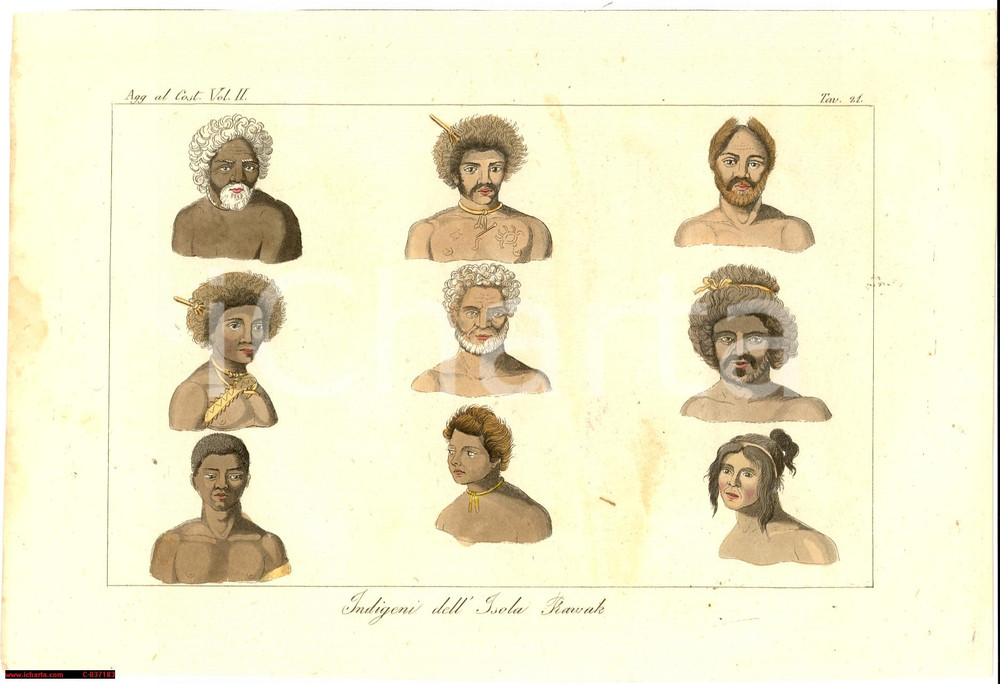 Stampa, bozzetto originale 1830 ca COSTUMI OCEANIA Indigeni dell'isola RAWAK *Stampa colorata a mano 1