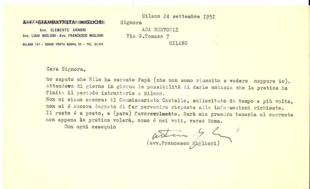 Autografo originale 1951 MILANO Lettera avv. Francesco MIGLIORI ad Ada BERTOGLI Autografo 1