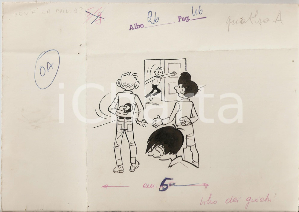 Stampa, bozzetto originale 1955 ca IL LIBRO DEI GIOCHI Dov Ã¨ la palla? Illustrazione ORIGINALE 25x17 cm 1