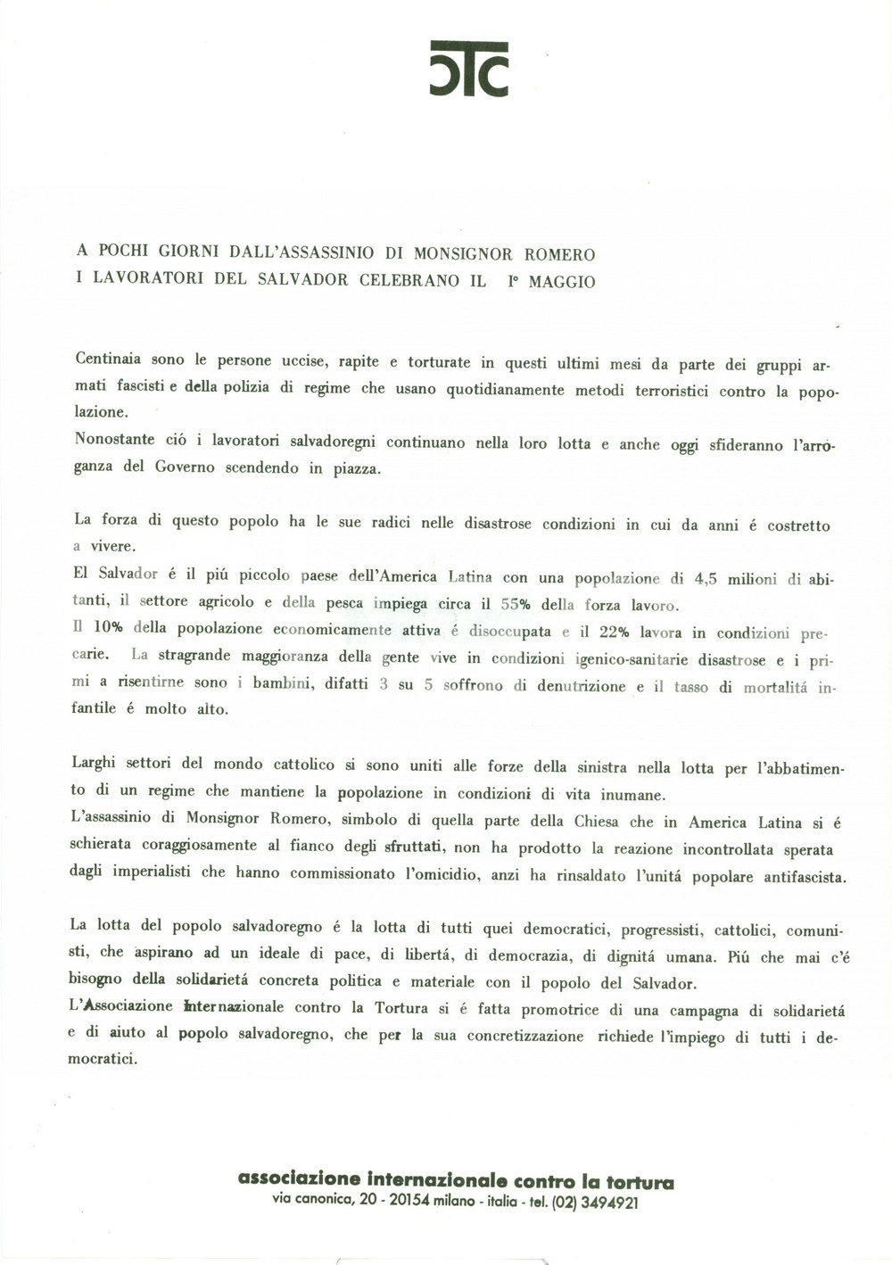 Materiale pubblicitario d’epoca 1980 MILANO Lavoratori del SALVADOR onorano Mons. Oscar ROMERO Volantino 1