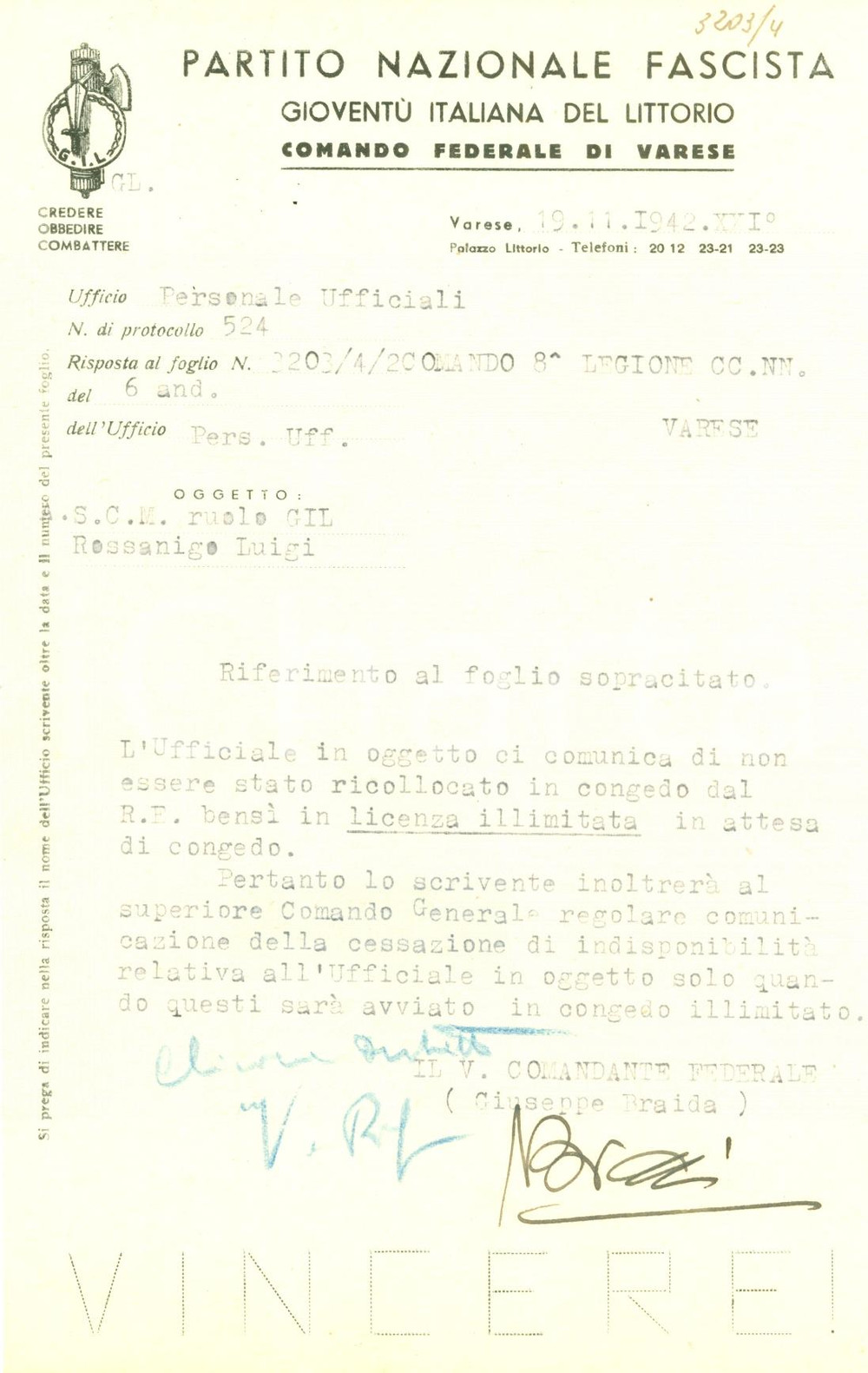 Documento originale, autentico 1942 VARESE WWII Luigi ROSSANIGO Sotto Capo Manipolo GIL in licenza illimitata 1