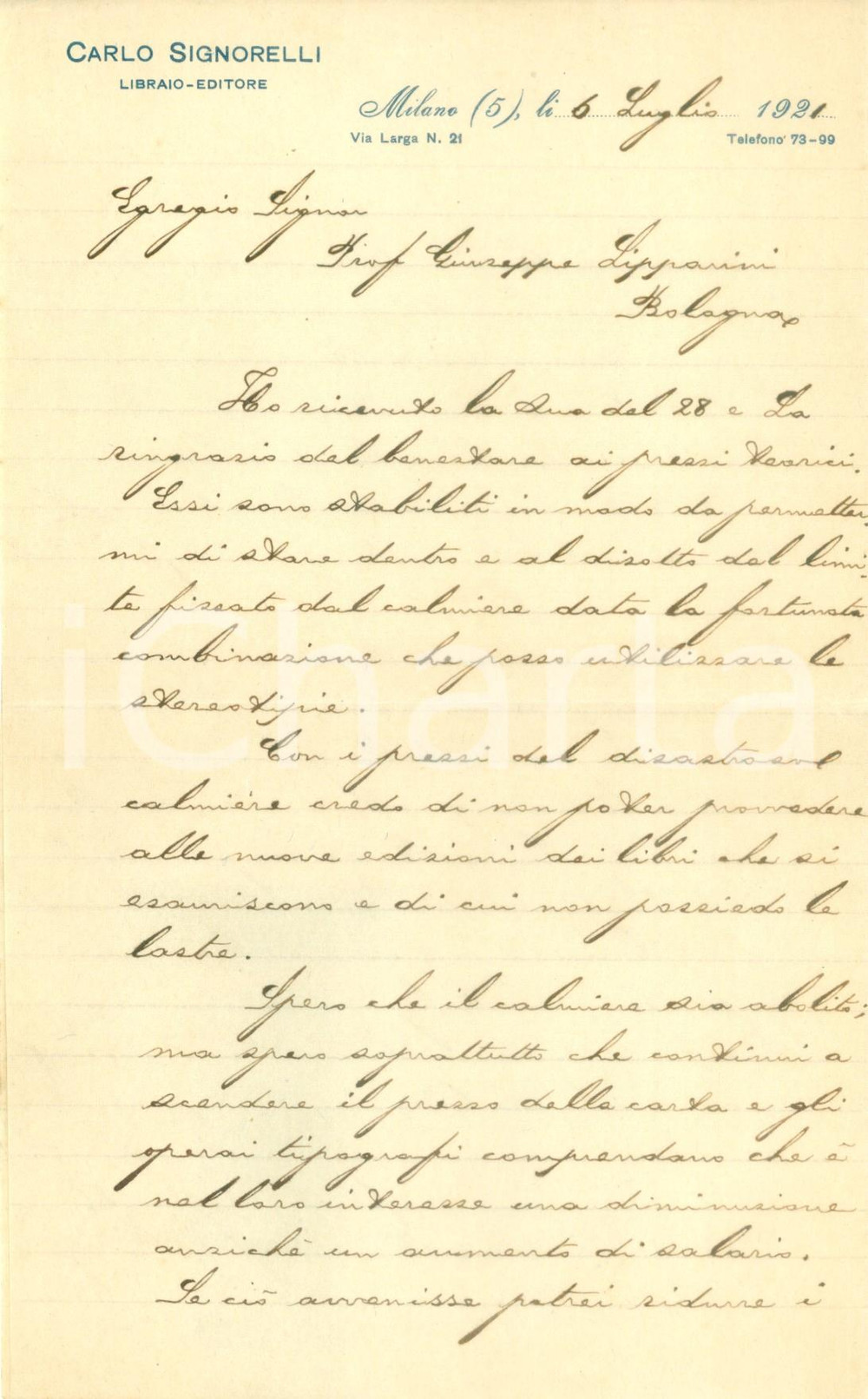 Autografo originale 1921 MILANO Editore Carlo SIGNORELLI Il calmiere Ã¨ un disastro per l editoria 1