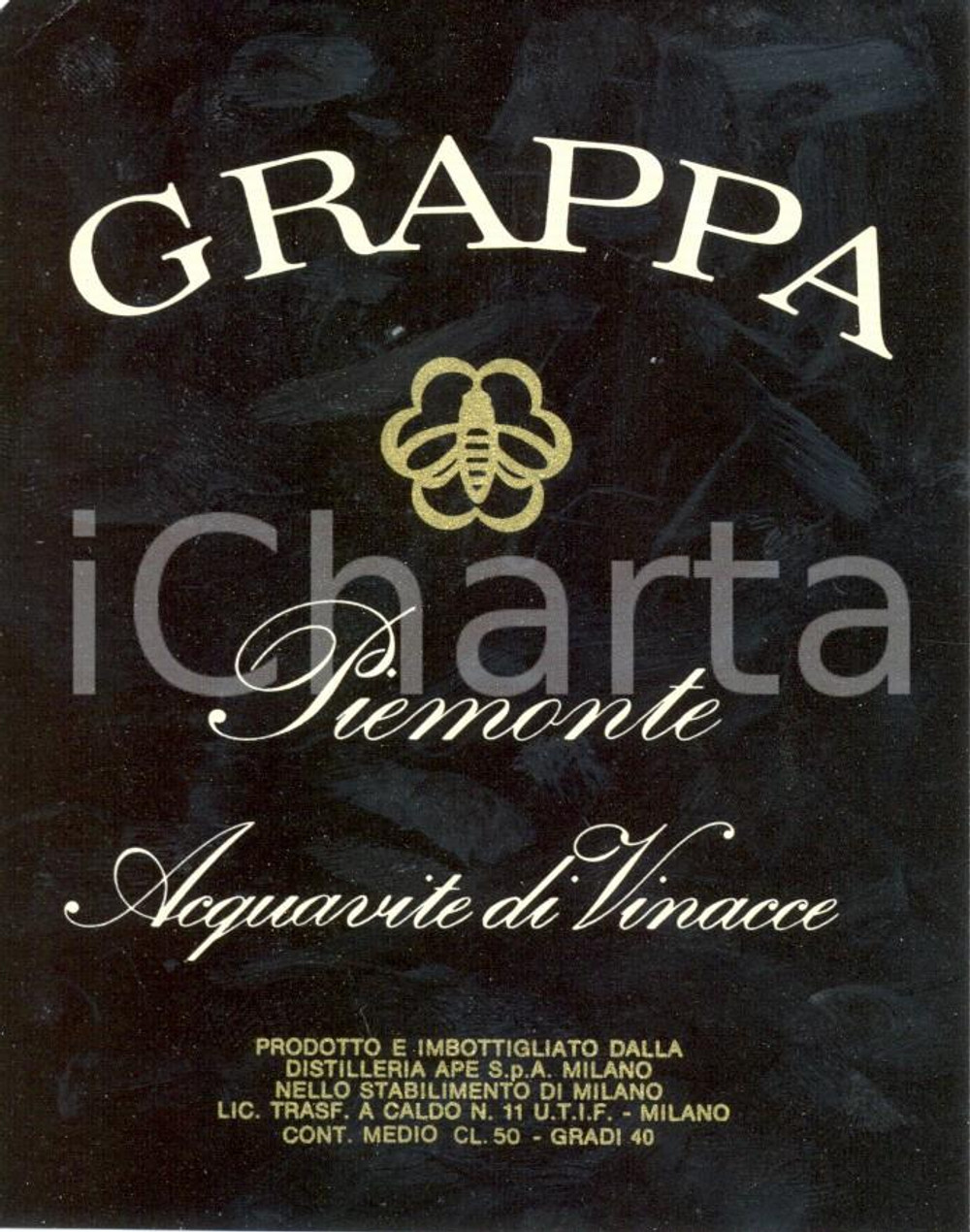 Materiale pubblicitario d’epoca 1970 ca MILANO GRAPPA PIEMONTE Distilleria APE Etichetta pubblicitaria 1