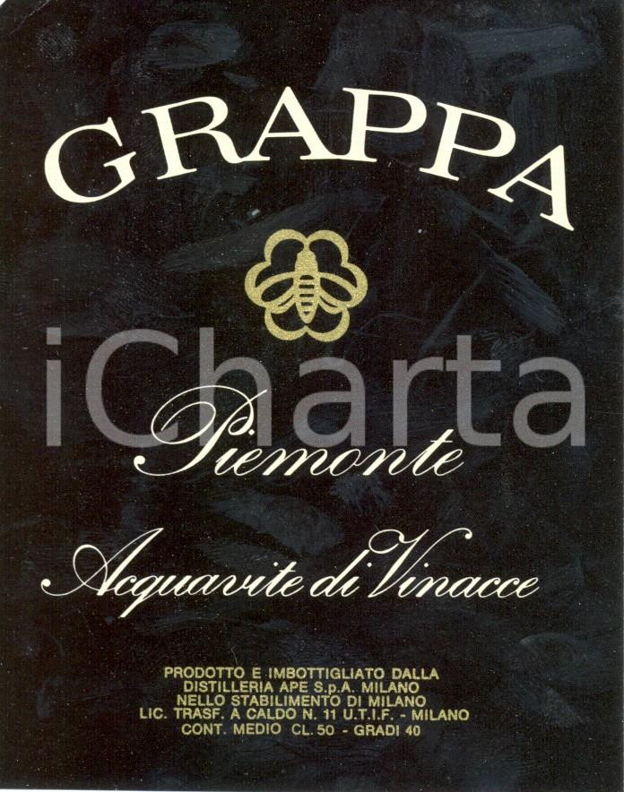 Materiale pubblicitario d’epoca 1970 ca MILANO GRAPPA PIEMONTE Distilleria APE Etichetta pubblicitaria 1