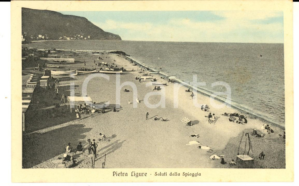 Cartolina originale da collezione 1925 ca PIETRA LIGURE SV Panorama della spiaggia Cartolina animata FP NV 1
