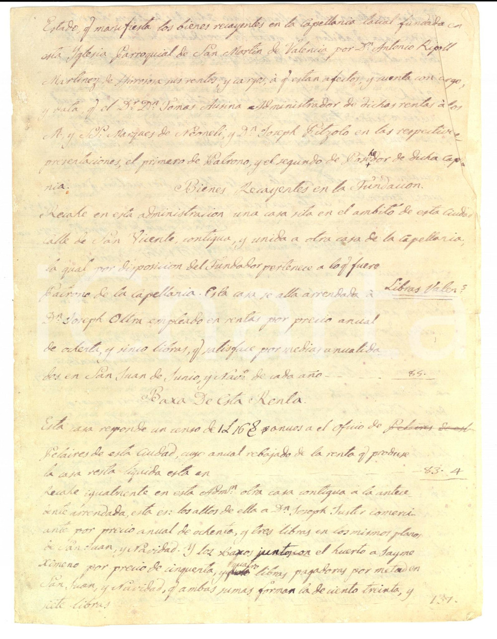 Documento originale, autentico 1796 VALENCIA ES Bienes recayentes en la Capellania laical de SAN MARTIN 1