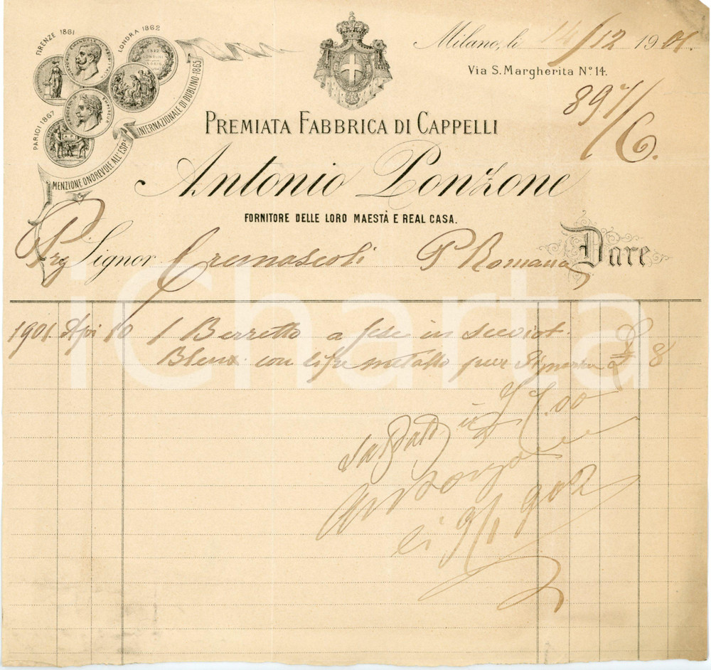 1901 MILANO - Antonio PONZONE Fabbrica cappelli - Fattura intestata Fattura commerciale d'epoca, manoscritta, su carta intestata.Milano - via S. Margherita 14CONDIZIONI: F (piegature d'epoca e minimi strappi laterali; minime bruniture marginali)PAGINE: 1     originale e autentica 1