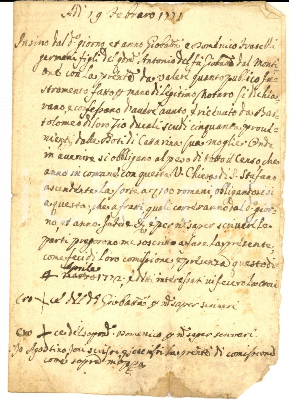 Documento originale, autentico 1772 MONTIONE A PIOBBICO Ricevuta fratelli Giambattista e Domenico dote sorella 1