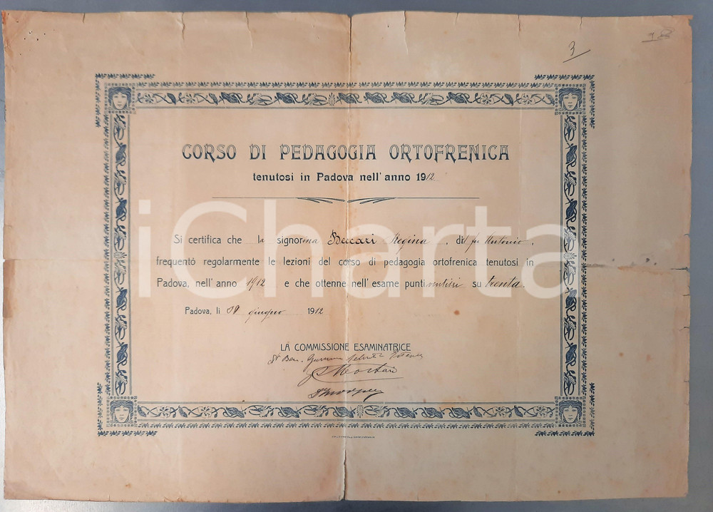 Oggetto da collezione cartaceo 1912 PADOVA Corso Pedagogia Ortofrenica  Attestato Regina BECCARI 45x32 cm 1
