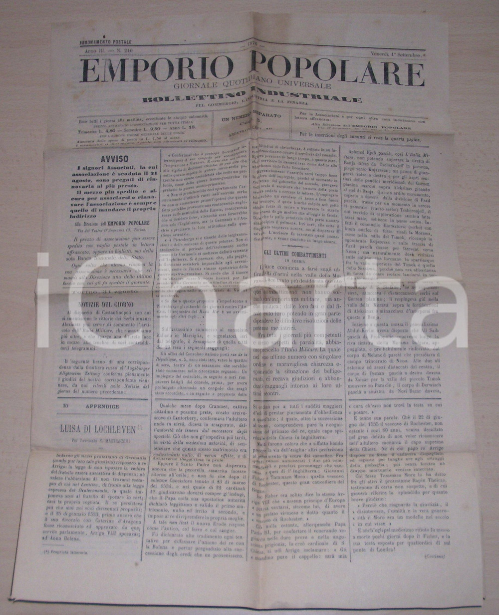 Giornale, rivista storica 1876 TORINO Guerra serbo ottomana L EMPORIO POPOLARE Giornale 1
