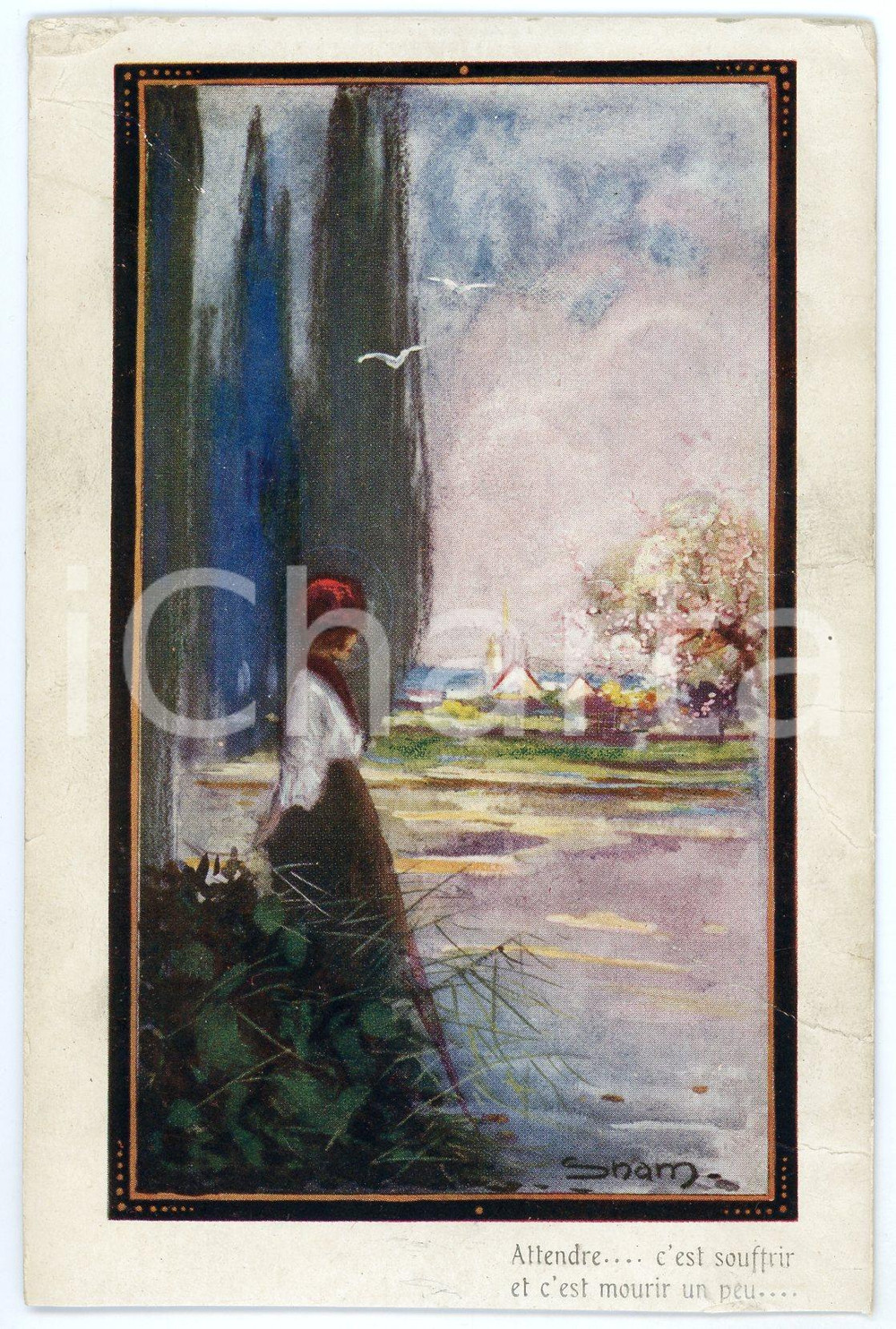 1920 ca ART DECO Attendre c'est souffrir - Woman at lake - ill. SNAM *Postcard  Cartolina postale d'epoca, non viaggiata.CONDIZIONI: VP (profonde piegature diffuse)FORMATO: FP    originale e autentica 1