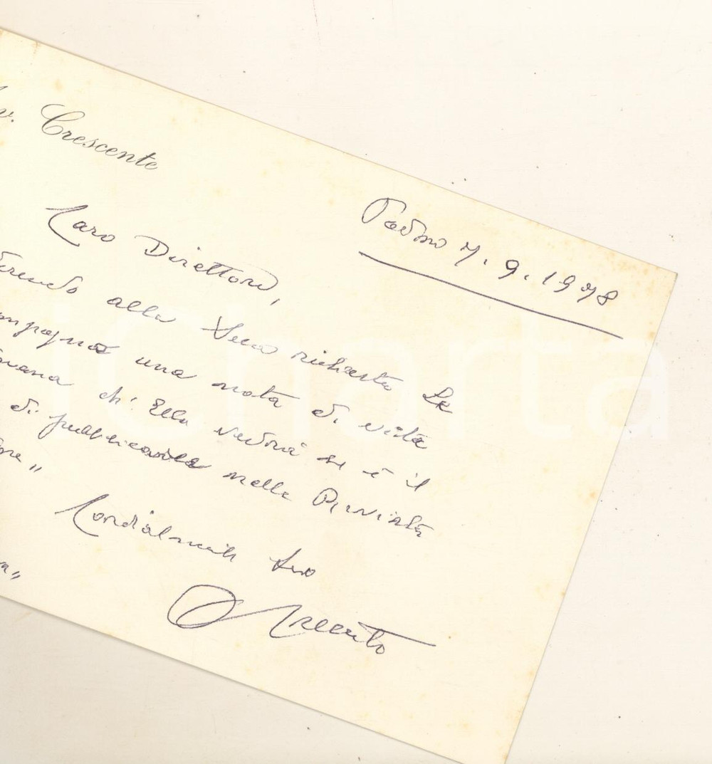 Autografo originale 1978 PADOVA Cesare CRESCENTE  Biglietto per ringraziamento AUTOGRAFO 1