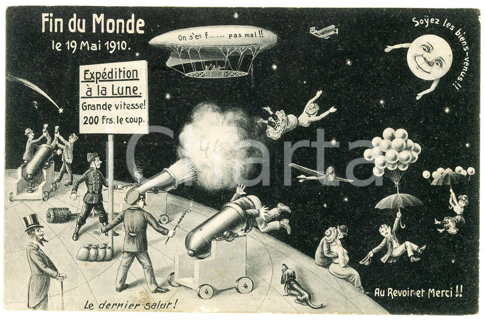1910 SURREALISME Fin du Monde - Expédition à la lune - Comète Halley - Postcard  Cartolina postale d'epoca, viaggiata.CONDIZIONI: GFORMATO: FP    originale e autentica 1