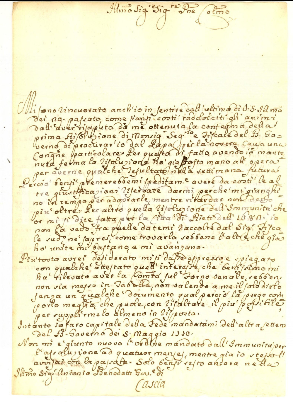 Manoscritto, lettera originale 1781 ROMA Lorenzo CORINTI sulla risoluzione favorevole del Monsignor Segretario 1