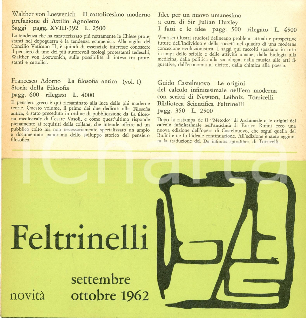 Materiale pubblicitario d’epoca 1962 FELTRINELLI Bollettino editoriale novitÃ  ILLUSTRATO 1