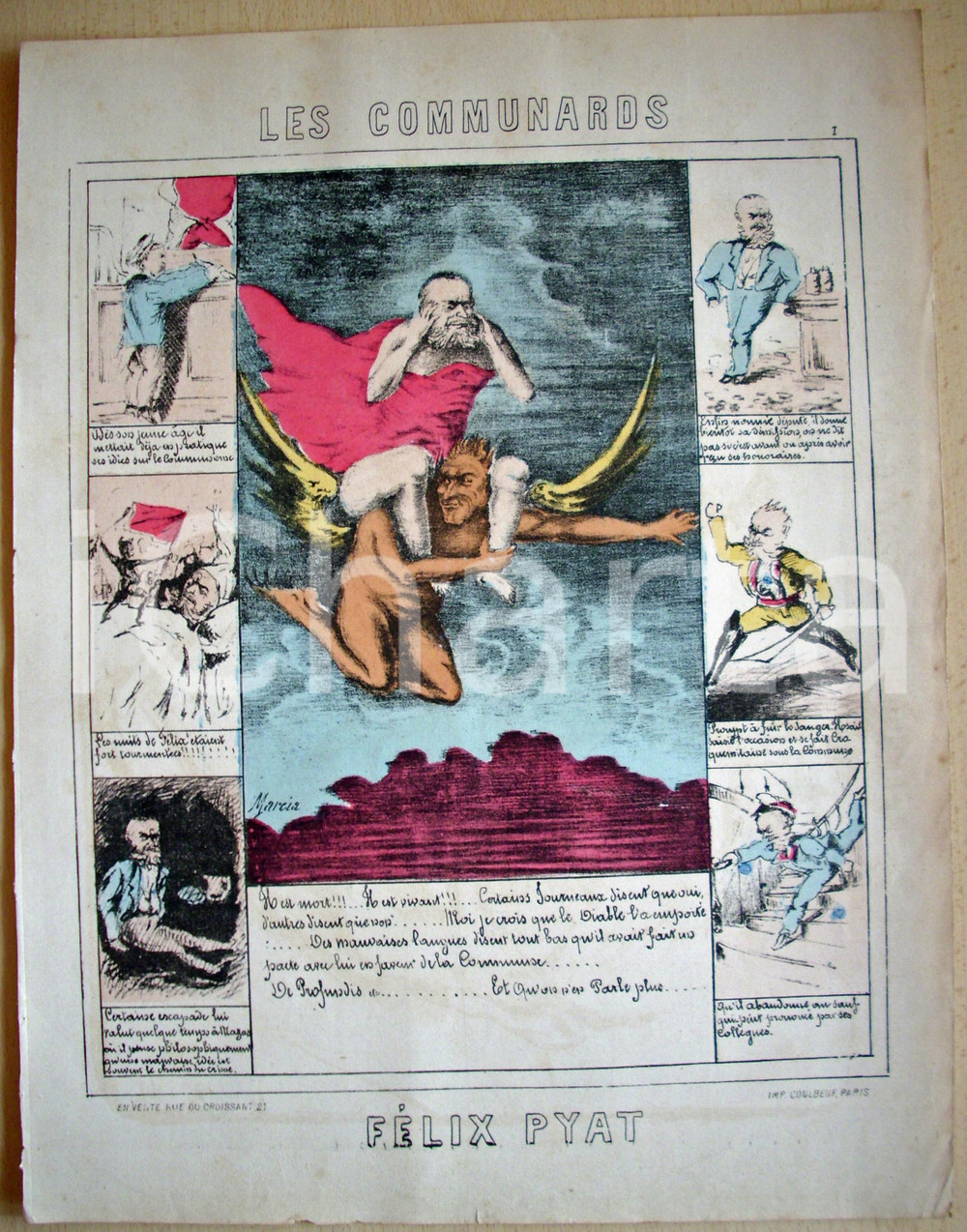 Stampa, bozzetto originale 1871 Caricatura FÃ©lix PYAT in groppa al diavolo Stampa 1