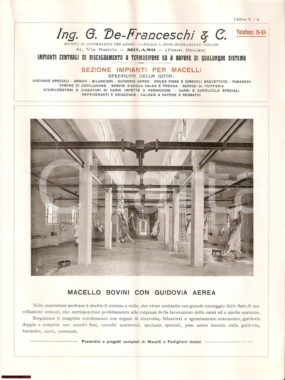 Materiale pubblicitario d’epoca 1930 MILANO Macello bovini con guidovia DE FRANCESCHI 1