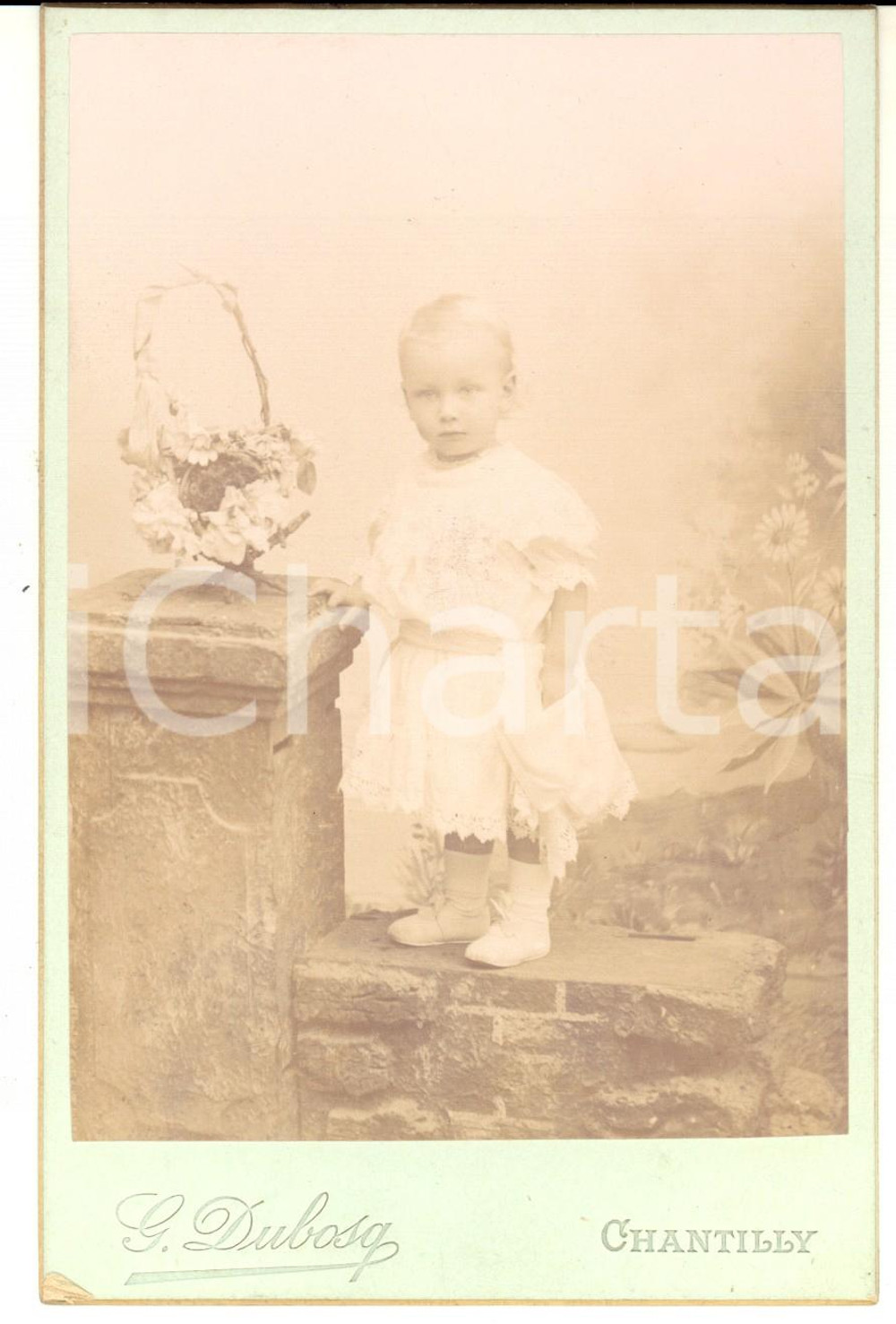 Fotografia d epoca originale 1890 ca CHANTILLY Bambina in abito bianco con vaso di fiori Foto DUBOSQ 1