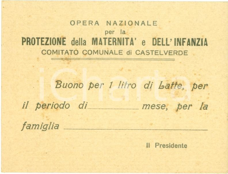 Documento originale, autentico 1935 ca CASTELVERDE CR Protezione Maternità Infanzia Buono per un litro di latte 1
