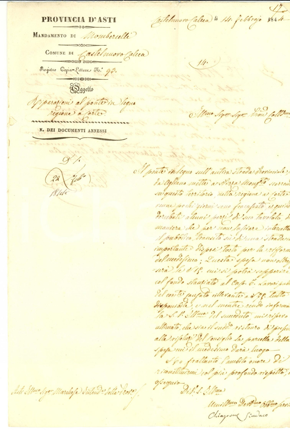 Documento originale, autentico 1844 CASTELNUOVO CALCEA (AT) Distruzione ponte di legno e furto dei pezzi 1