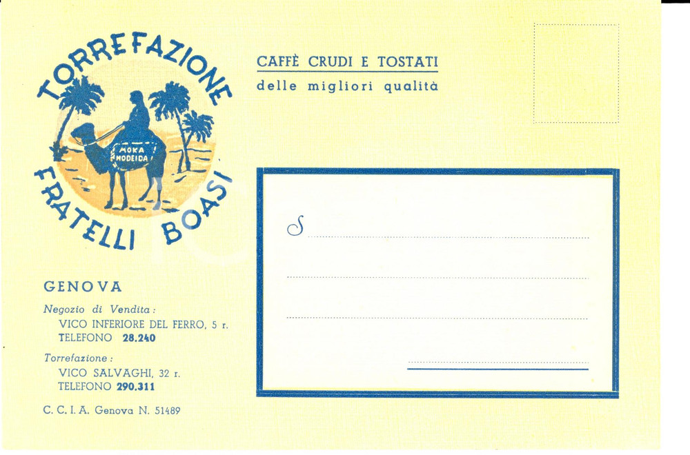 Cartolina originale da collezione 1950 ca GENOVA Torrefazione FRATELLI BOASI Moka modeida Pubblicitaria FG NV 1