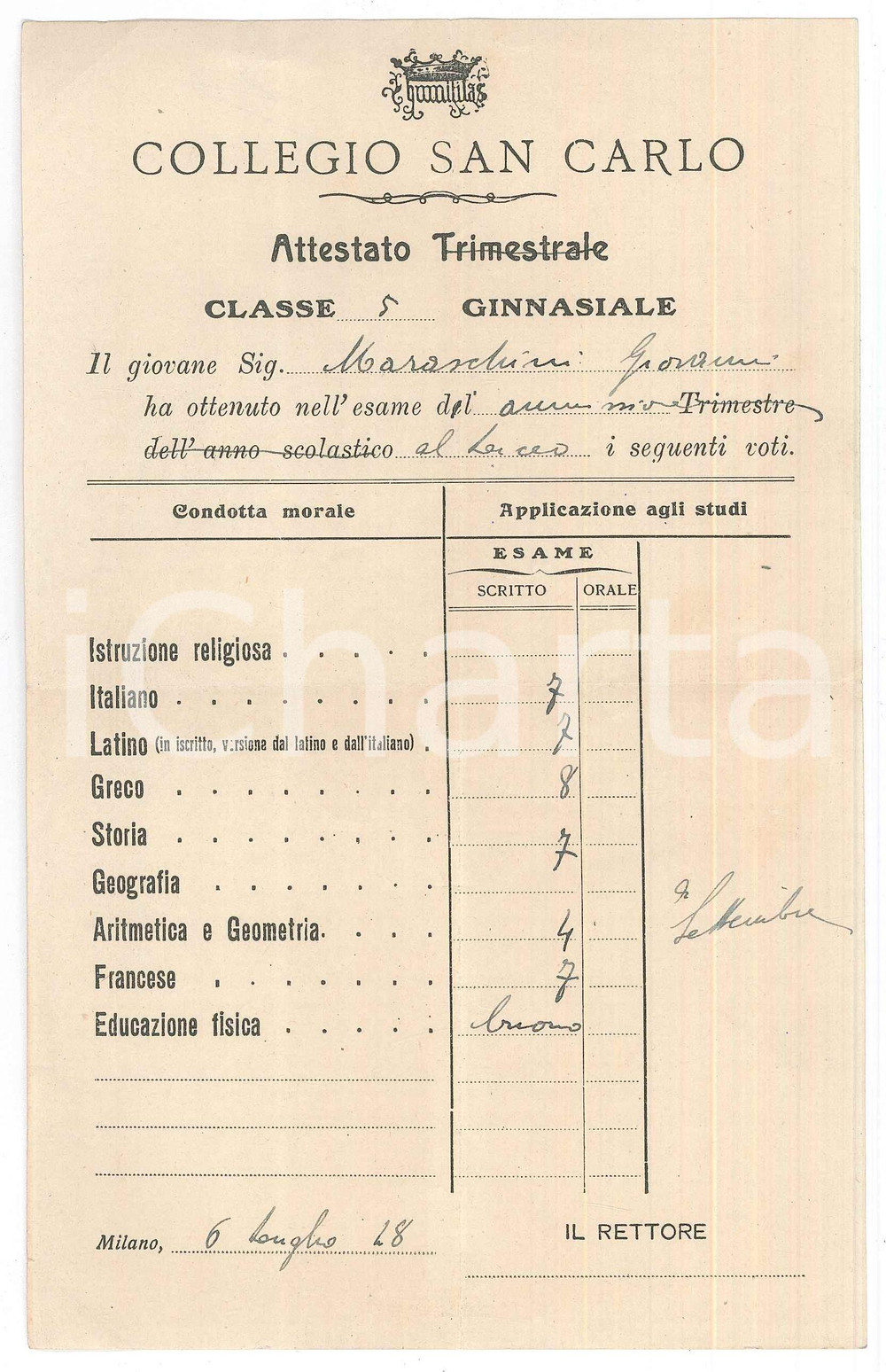 Oggetto da collezione cartaceo 1928 MILANO Collegio SAN CARLO  Attestato trimestrale esami Giovanni MARASCHINI 1