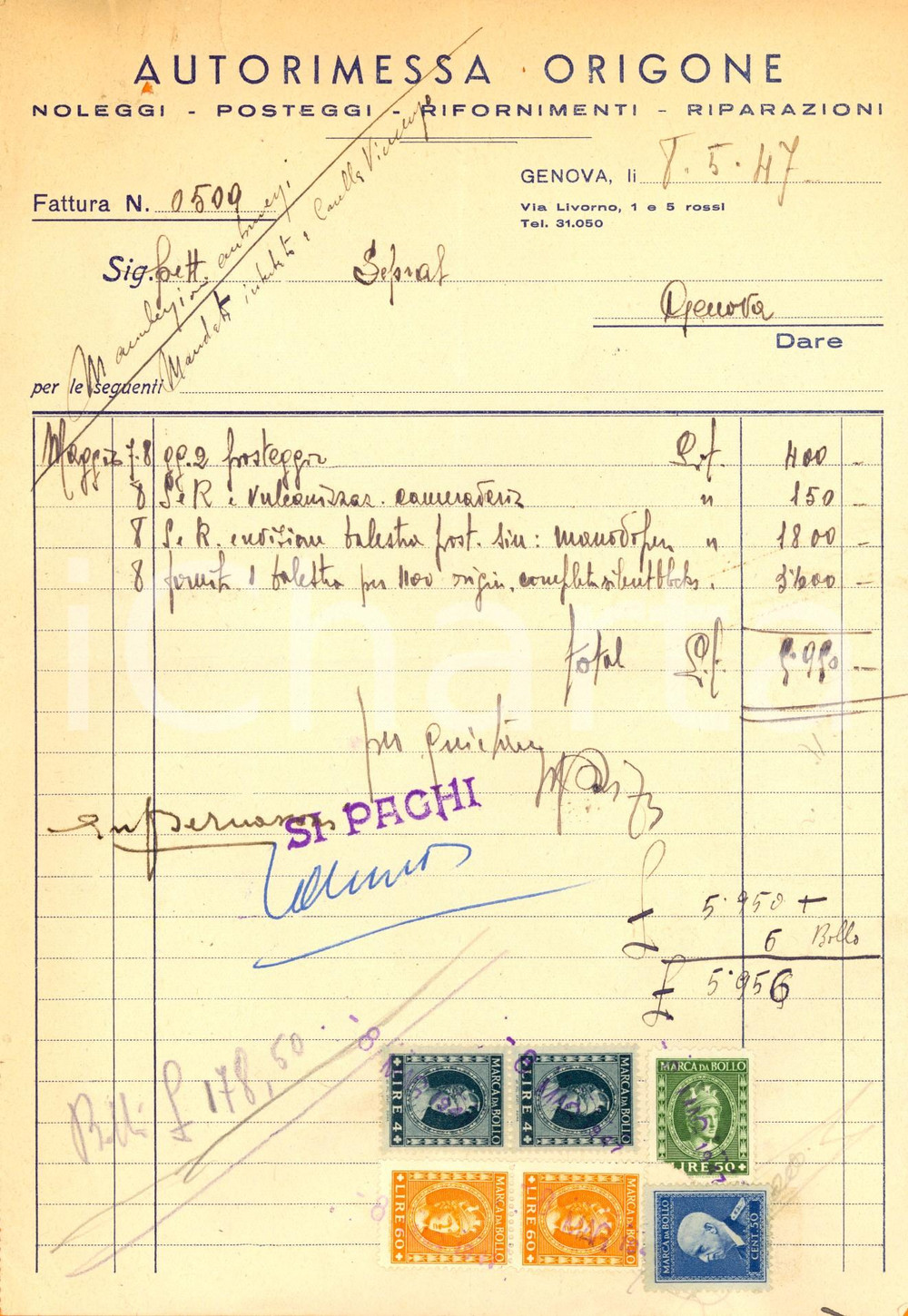 Documento originale, autentico 1947 GENOVA Autorimessa ORIGONE Noleggi posteggi rifornimenti e riparazioni 1