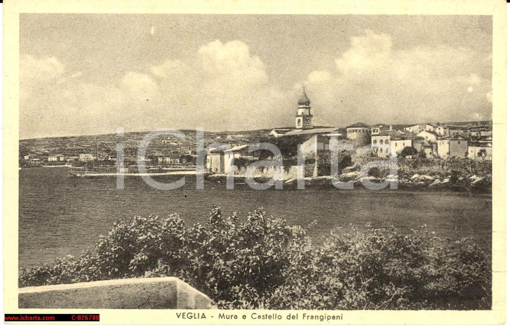 Cartolina originale da collezione 1942 Veglia Croazia - Mura cittÃ  e castello Frangipani 1