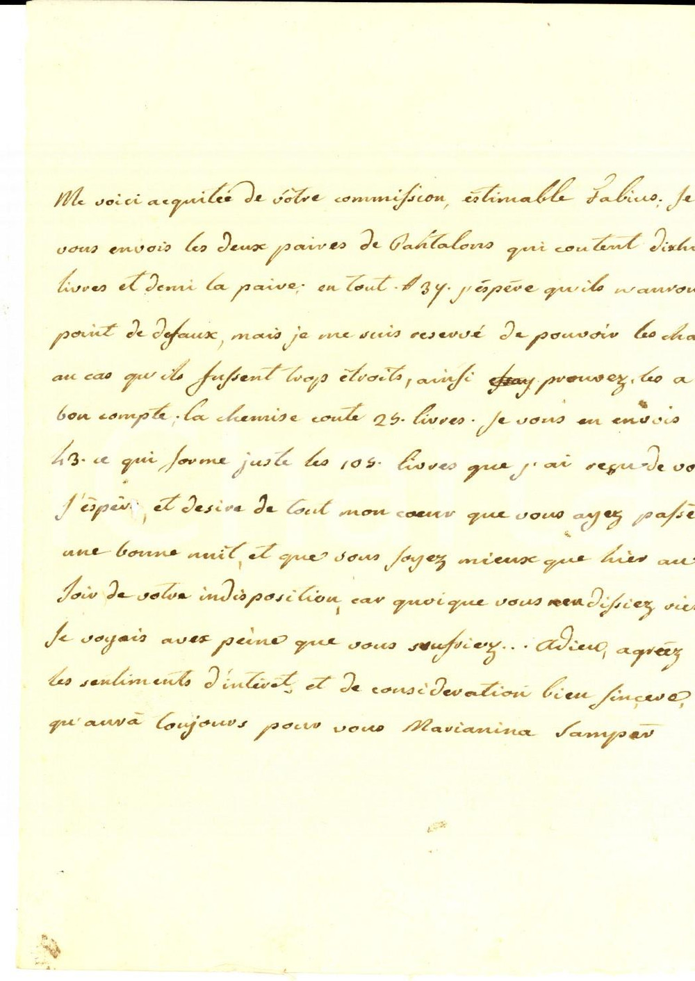 Manoscritto, lettera originale 1820 ca TORINO ? Mariannina SAMPER fornisce due paia di pantaloni Lettera 1