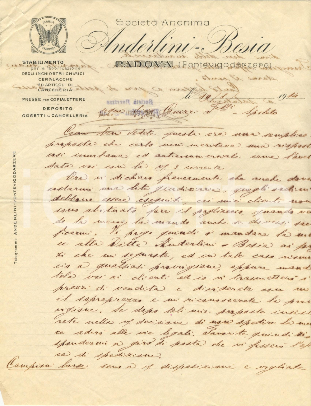 Documento originale, autentico 1914 PONTEVIGODARZERE PD Società ANDERLINI BESIA minaccia lite giudiziaria 1