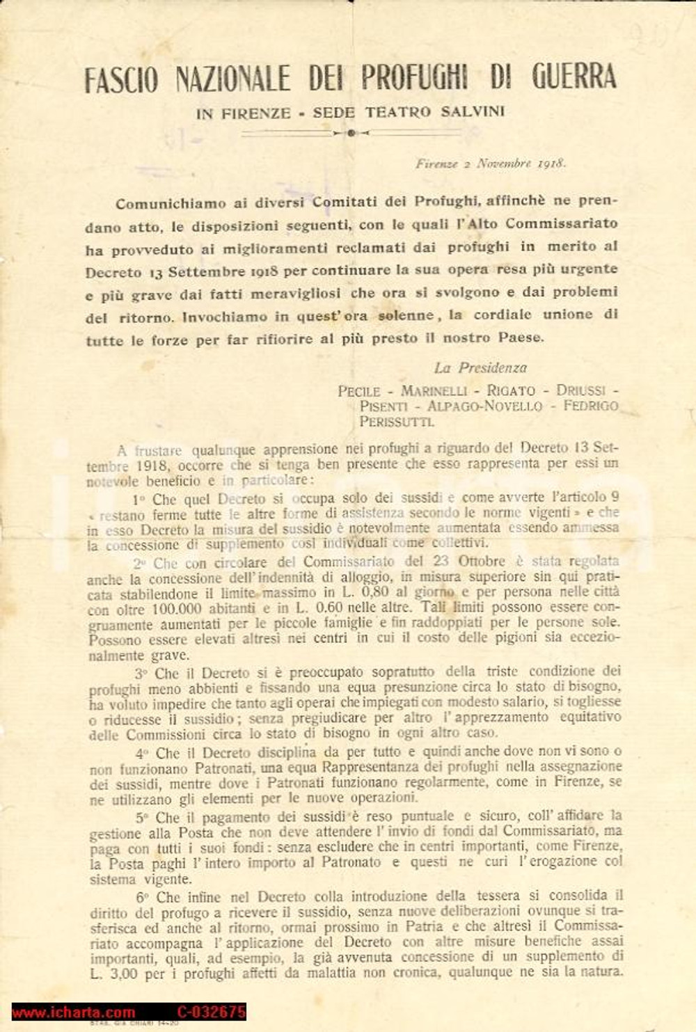 Documento originale, autentico 1918 Fascio Nazionale dei Profughi di Guerra 1