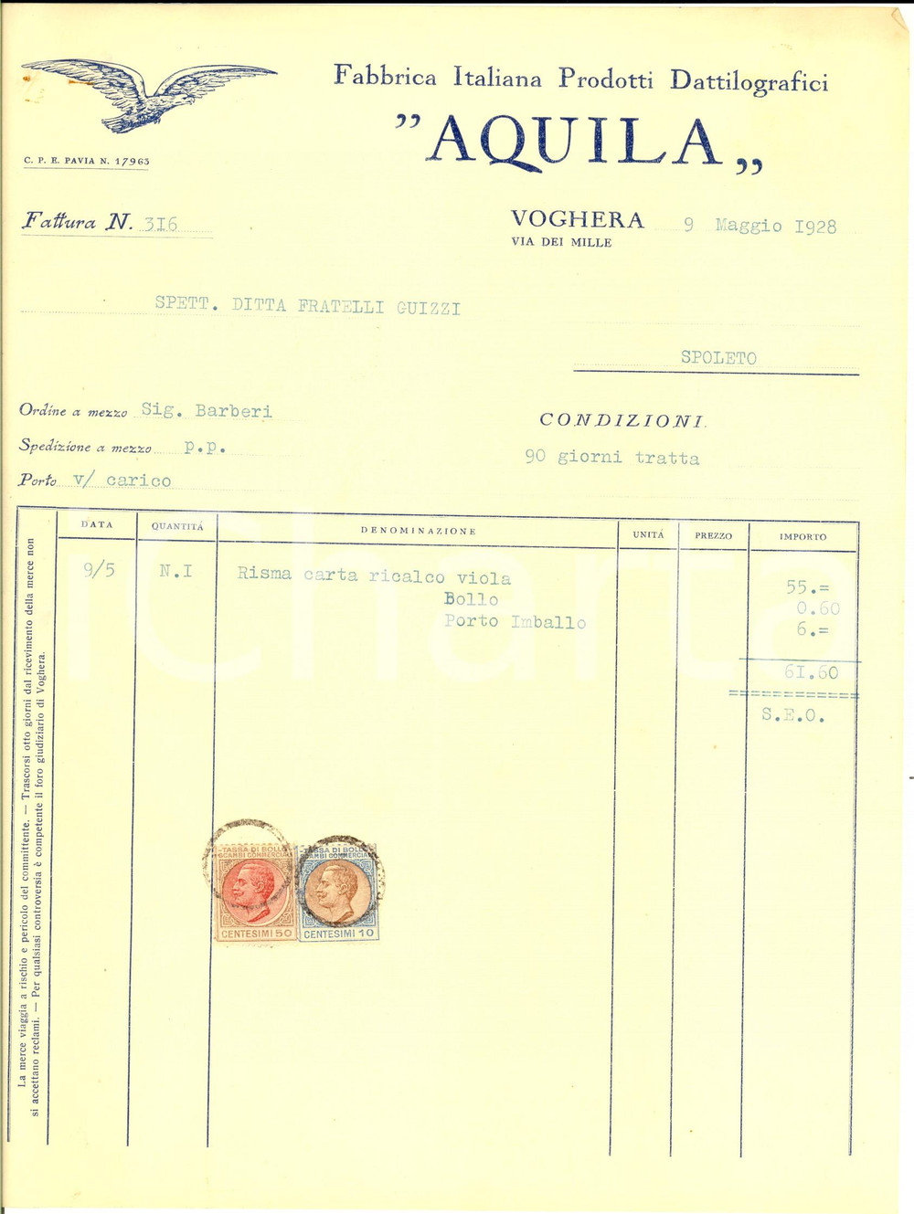 Documento originale, autentico 1928 VOGHERA PV Fabbrica Italiana Prodotti Dattilografici Fattura intestata 1