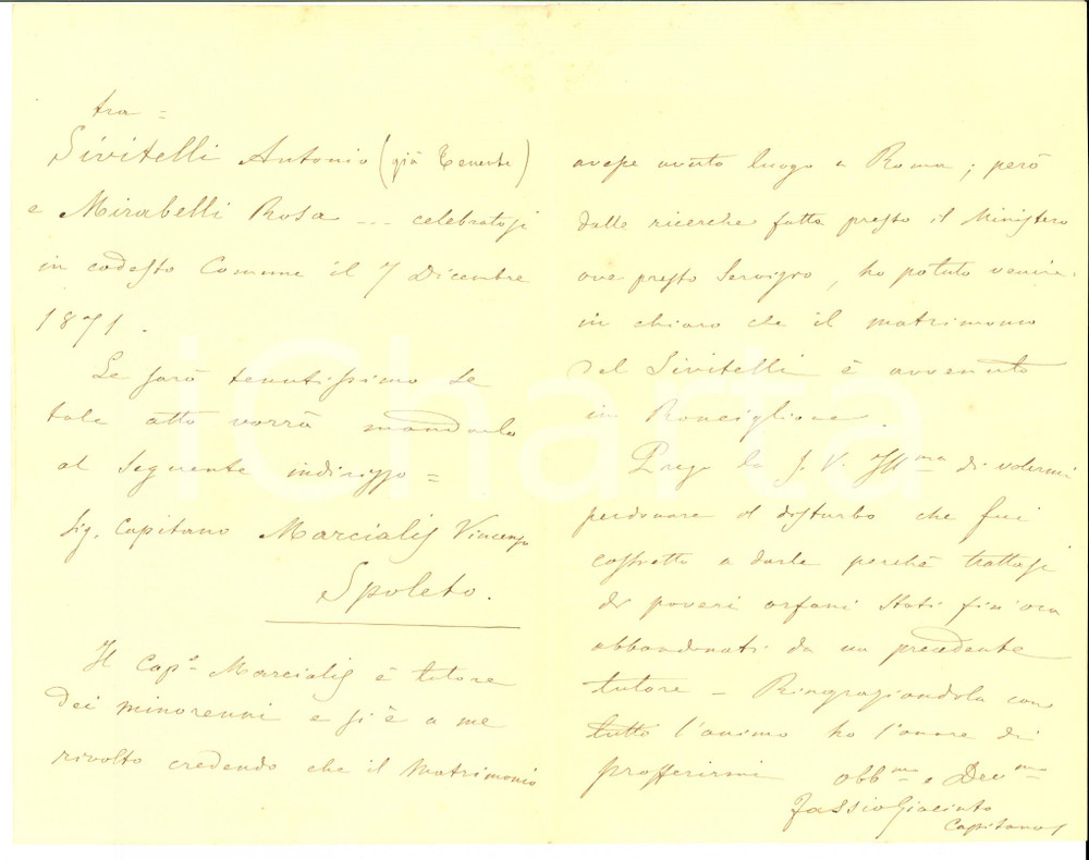 Autografo originale 1888 ROMA Capitano Giacinto FASSIO pro minorenni orfani in miseria Autografo 1