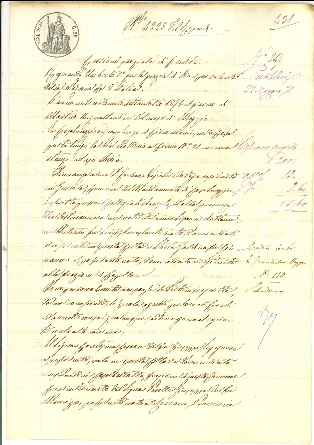 Documento originale, autentico 1878 CASALBELLOTTO Cessione di credito tra Cesare CONTESINI e Giovanni BOTTOLI 1