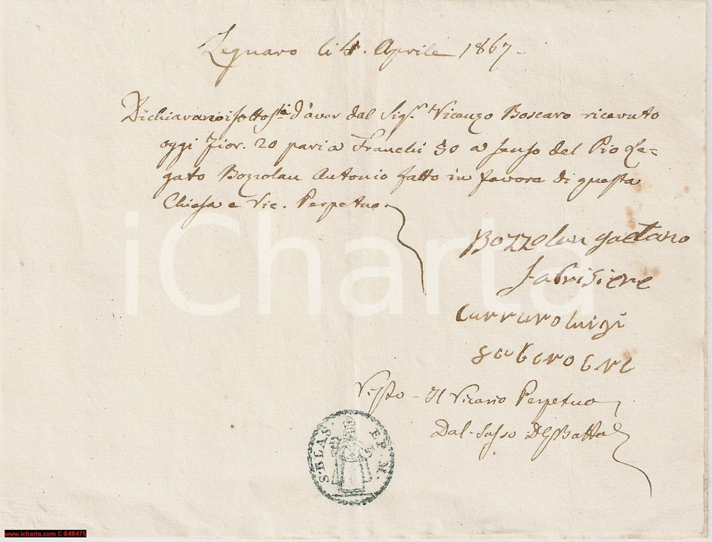 Documento originale, autentico 1867 LEGNARO (PD) Pio legato defunto Antonio BOZZOLAN 1
