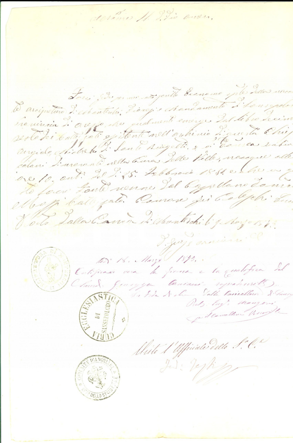 Documento originale, autentico 1873 ANGHIARI AR Fede di battesimo di Angiolo Michele BIAGELLI Documento 1