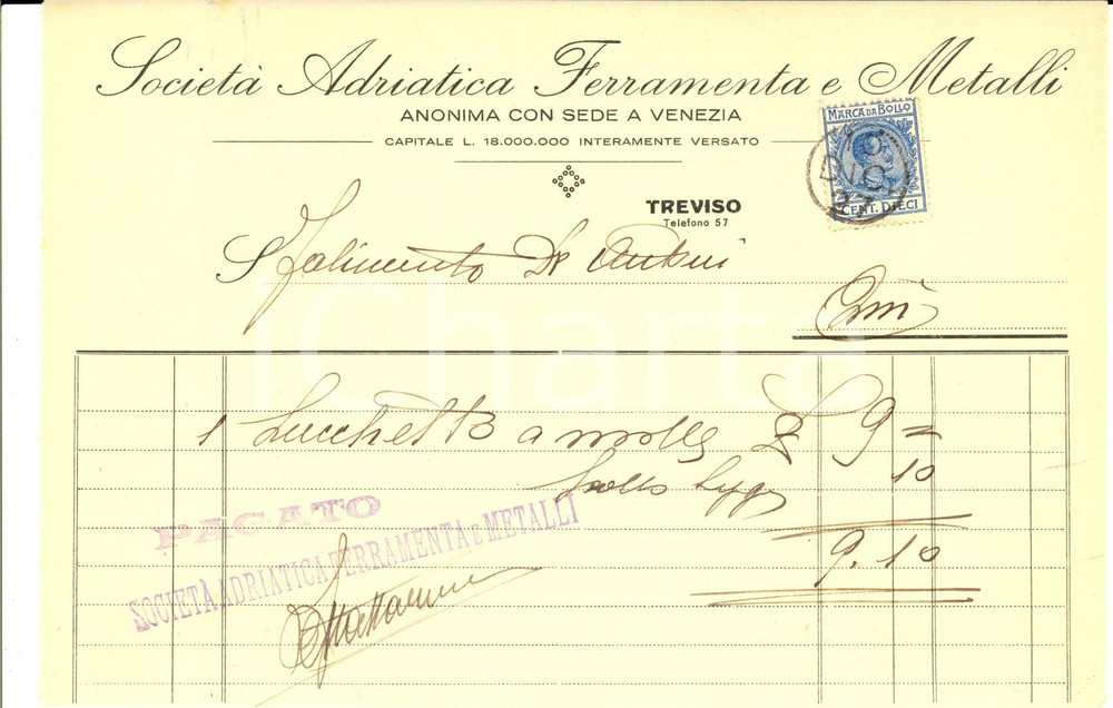 Documento originale, autentico 1927 TREVISO SocietÃ  Adriatica Ferramenta e Metalli Fattura lucchetto a molle 1