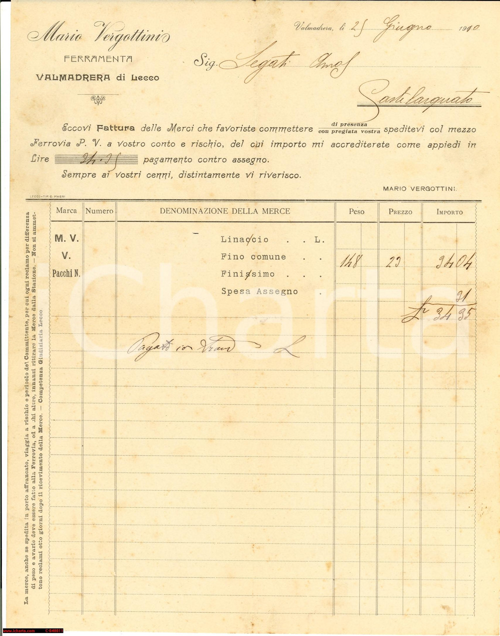 Manoscritto, lettera originale 1910 VALMADRERA Lecco Conto del ferramenta VERGOTTINI 1