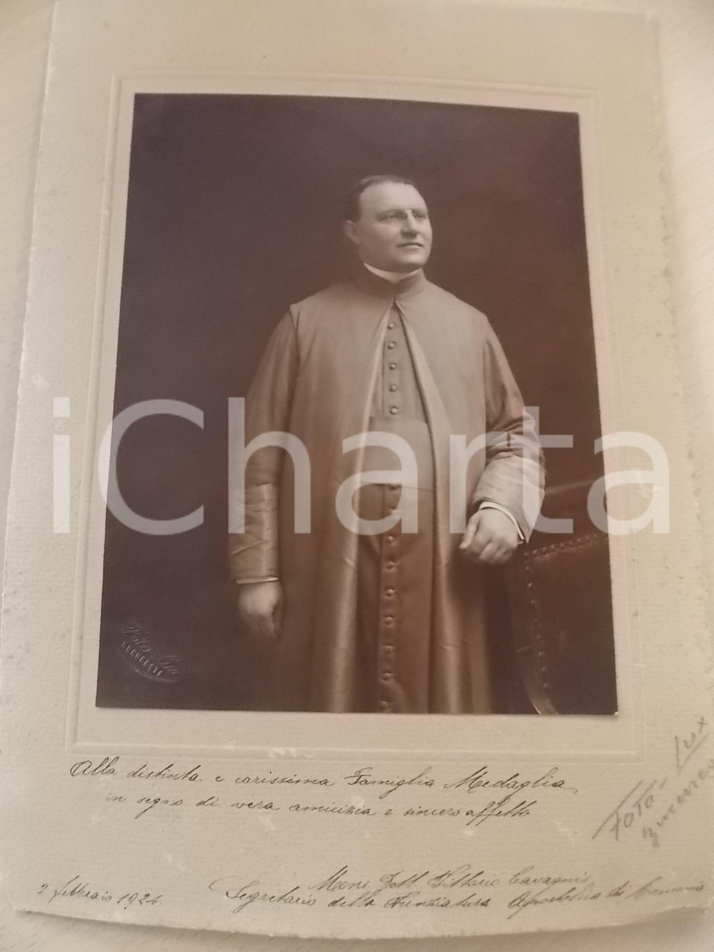 Fotografia d epoca originale 1924 CAMERINO MC Ritratto mons. Vittorio CAVAGNIS Foto LUX BUCURESTI Dedica 1