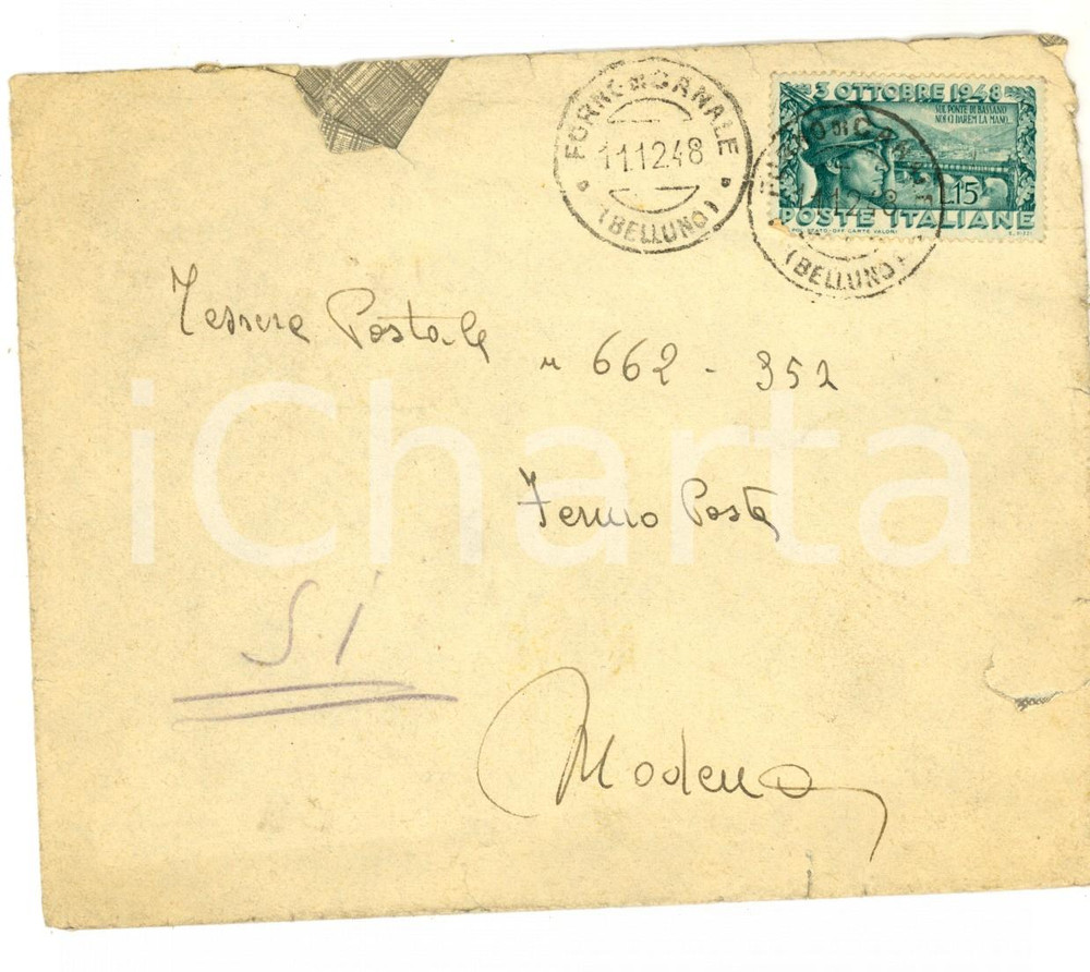 Cartolina originale da collezione 1948 STORIA POSTALE  REPUBBLICA Affrancatura Lire 15 3 ottobre 1948 ALPINI 1