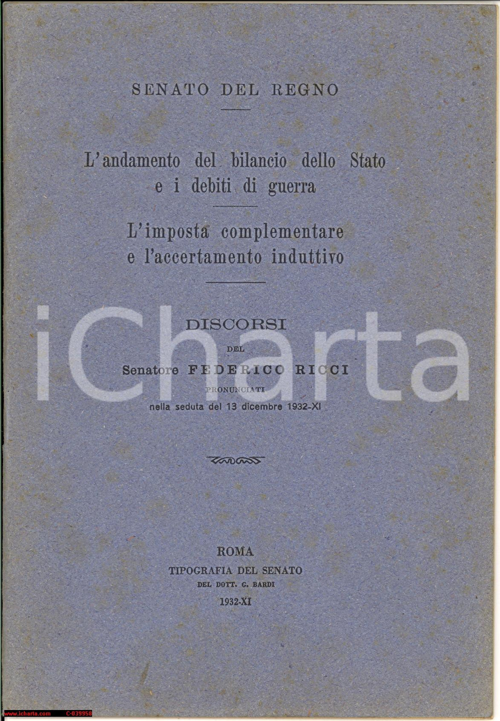 Libro, pubblicazione d epoca 1932 ROMA Federico RICCI Debiti di guerra dello Stato 1