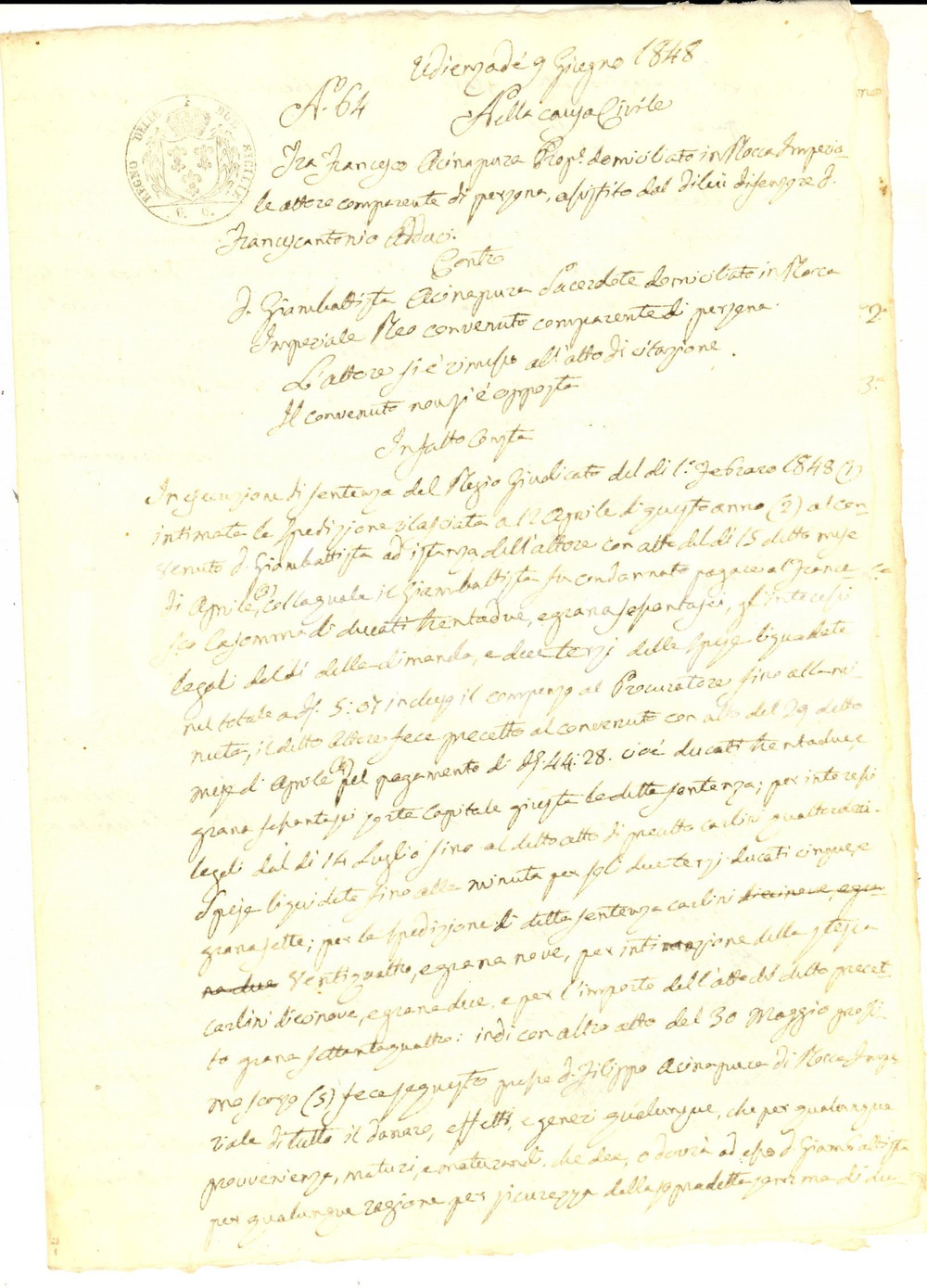 Documento originale, autentico 1848 ROCCA IMPERIALE CS Lite tra Francesco e Giambattista ACINAPURA per denaro 1