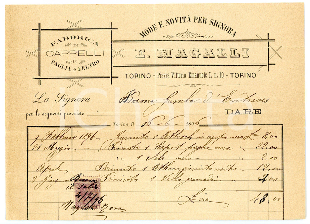 Documento originale, autentico 1896 TORINO Piazza Vittorio Emanuele  E. MAGALLI Fabbrica cappelli Fattura 1