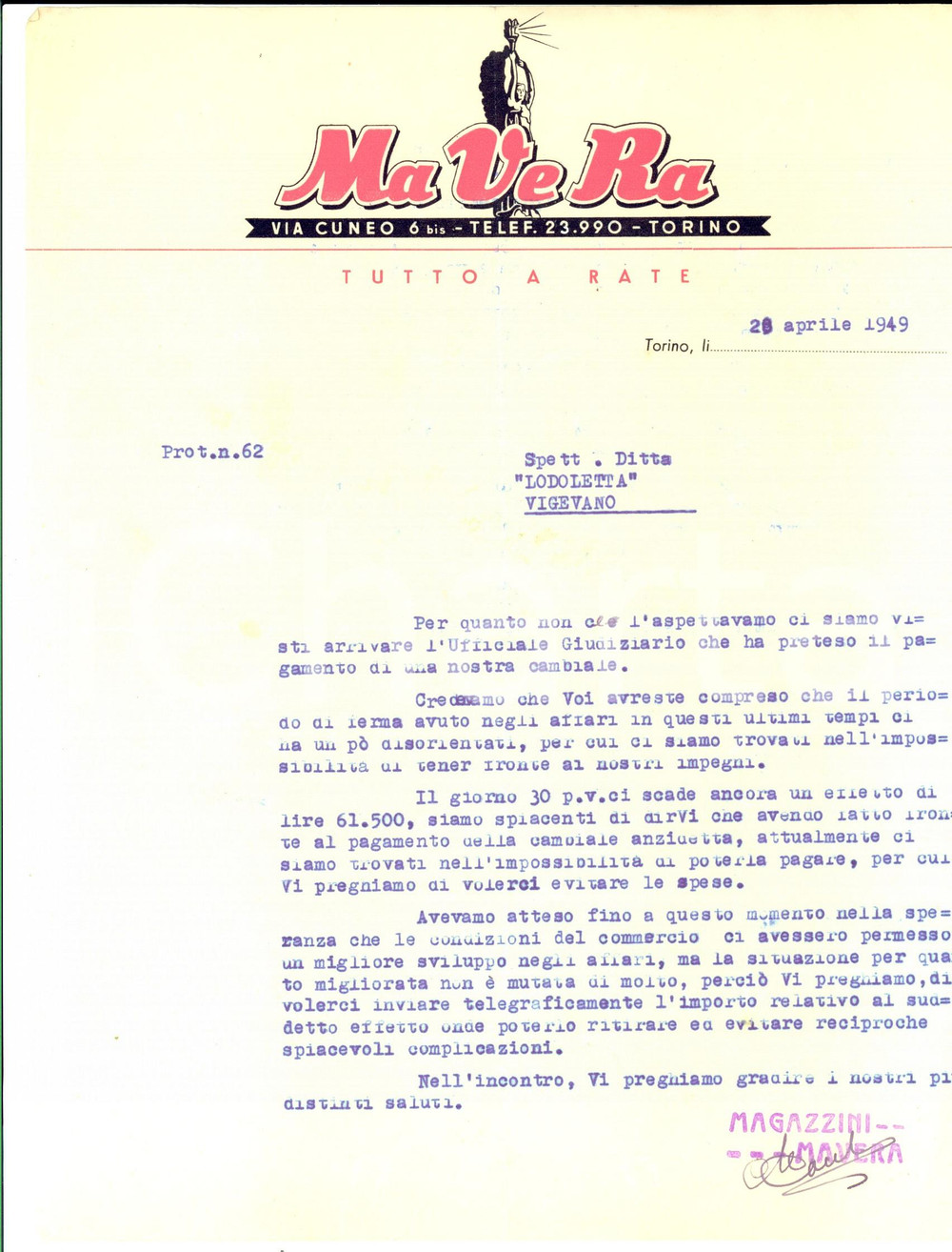 Manoscritto, lettera originale 1949 TORINO MA VE RA Tutto a rate  Difficoltà economiche del dopoguerra 1