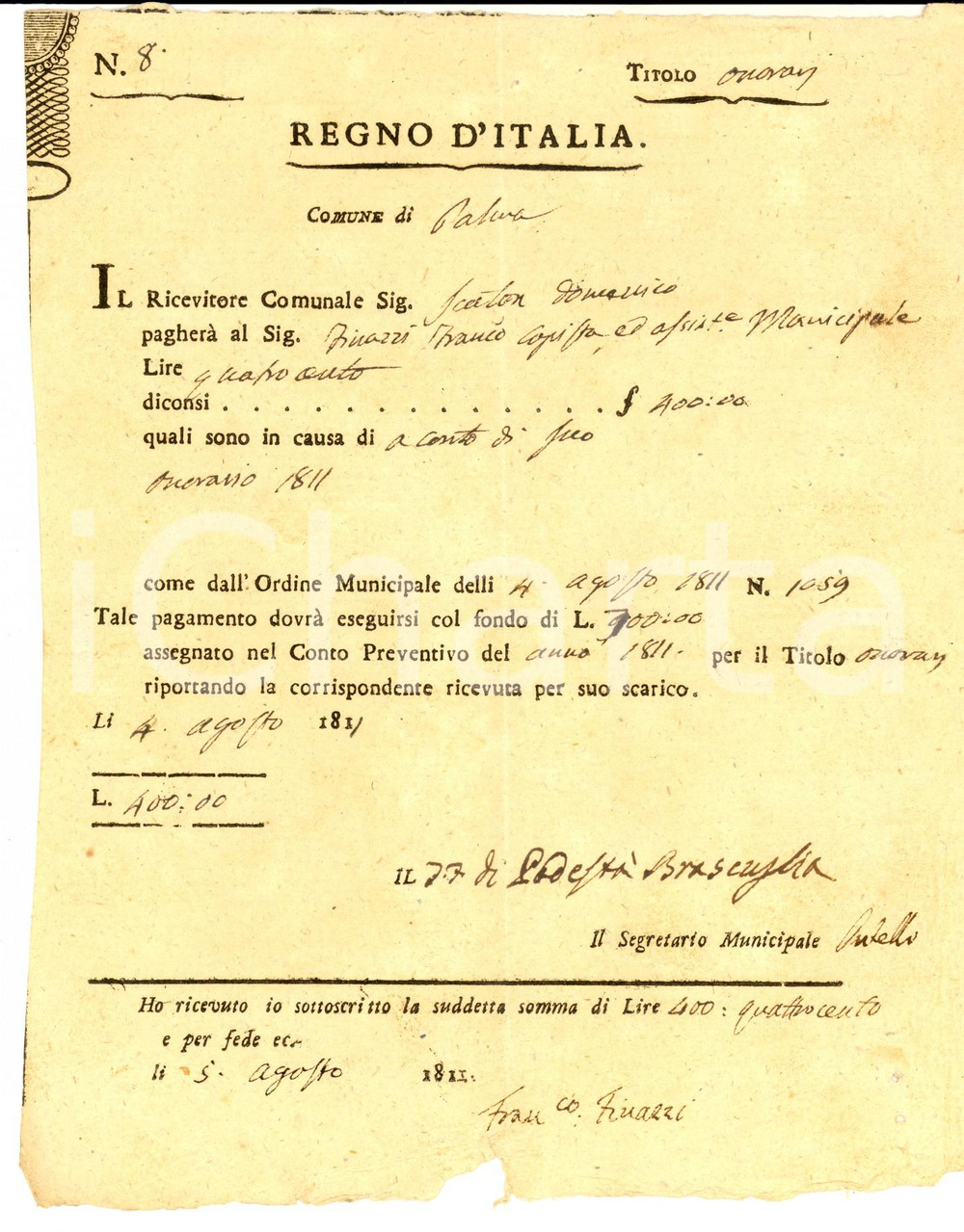 Documento originale, autentico 1811 REGNO D'ITALIA PALMANOVA (UD) Ricevuta copista municipale Francesco FINAZZI 1