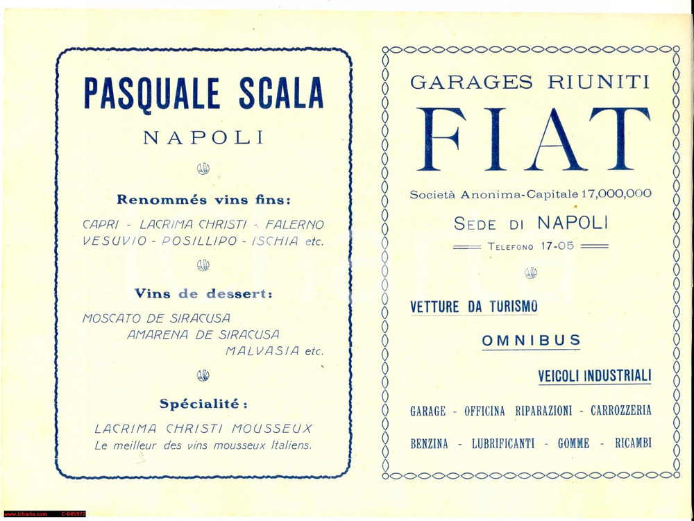 Materiale pubblicitario d’epoca 1920 NAPOLI Pasquale SCALA vini  Garages Riuniti FIAT 1